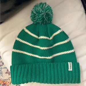 adidas Green and White Striped Beanie with Pom Pom